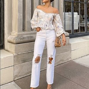 Express cropped flare high rise distressed white jean